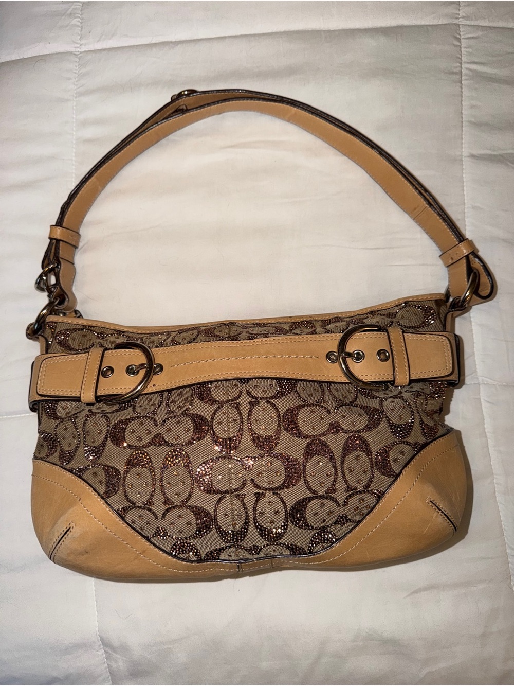 Coach Tan and Brown Signature Shoulder Bag with custom crystal design